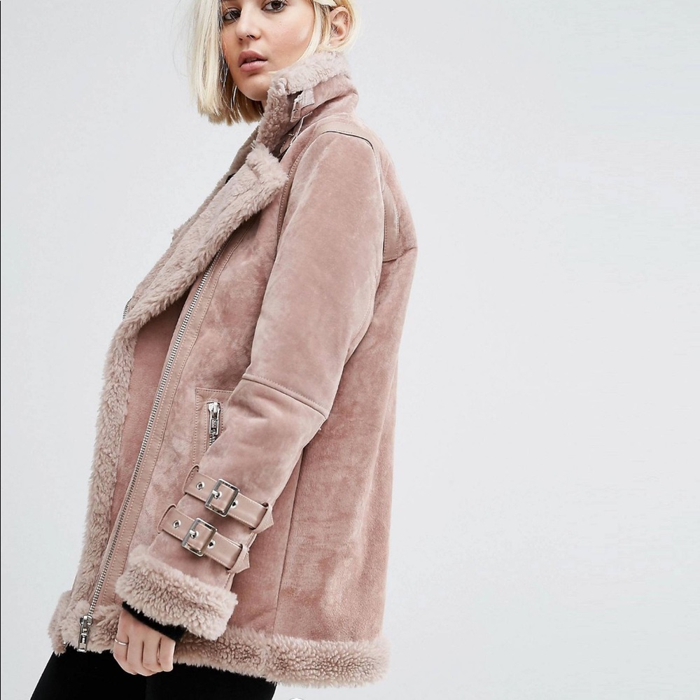 ASOS Blush Acne style Suede aviator Teddy Coat